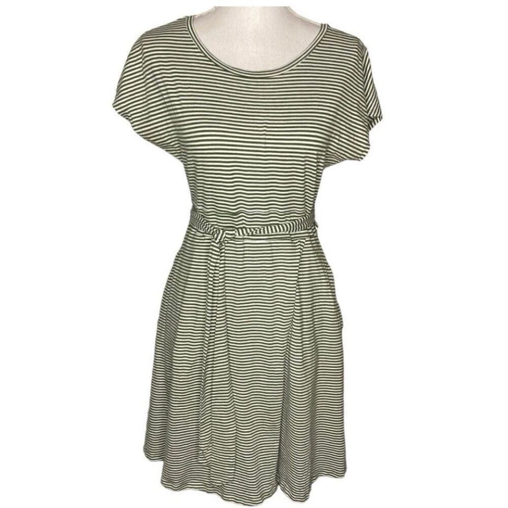 Toad&Co Organic Cotton Striped Dress Womens Medium Green Tie Waist Casual